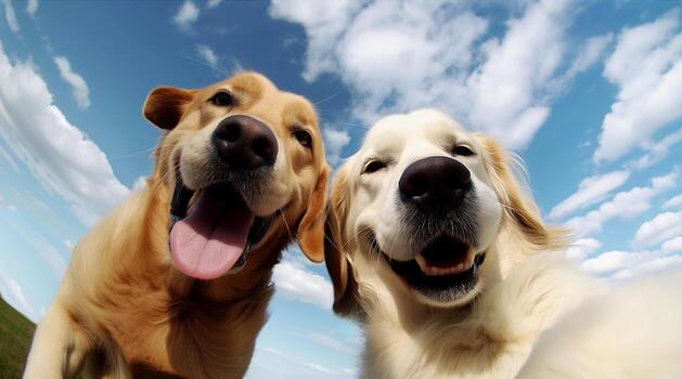 Two happy dogs taking a selfie under a blue sky